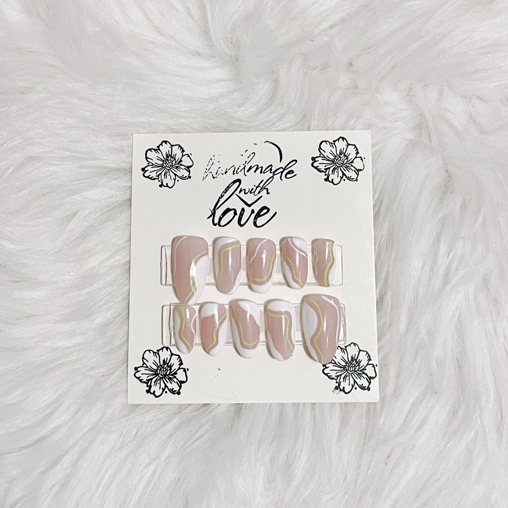 HANDPAINTED ABSTRACT GREEN & WHITE LINEAR GEL PRESS ON NAILS